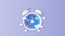 Creative Design For Alarm Clock In Rainy Season. Graphic Design For Rainy Season. Paper Cut And Craft Style. Vector, Illustration.