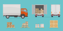 Delivery Truck Side And Back View, And Different Boxes. Isolated On Blue Background. Warehouse Equipment, Cargo Delivery, Storage Service Concept. Flat Style, Vector Illustration.