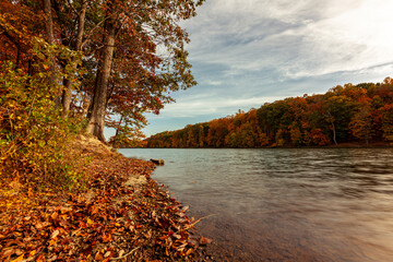 a scenic autumn landscape at black hill park featuring a lake surrounded by a thick forest. trees ar