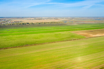  Top view of agricultural fields in autumn day
