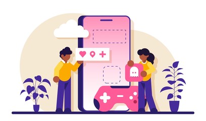 Virtual world development, mobile games development. Programmers are working on creating the game. Modern flat illustration.