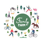 Fototapeta Psy - Family Farm lettering in hand drawn frame. Outdoor activity character set doodle drawing. Sports people bundle. Rural landscape, animals cow, pig, sheep, horse,  hen, ostrich flat vector illustration