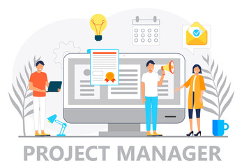 Content manager concept vector for landing page. Freelance workers are busy with email marketing analysis. Seo specialist