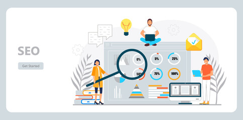 Content manager concept vector for landing page. Freelance workers are busy with email marketing analysis. Seo specialist