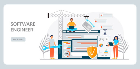 Web developer concept vector for landing page. Programmer constructs website using crane and writes code. Software engineer working in digital or AI technology. Software development
