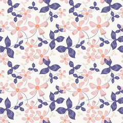  Floral seamless pattern. Simple vector texture with small hand drawn flowers, leaves. Beautiful summer abstract background. Modern doodle style painting. Pink, blue and white color. Repeat design