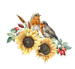 Watercolor autumn bouquet with redbreasts, sunflowers, berries, leaves and dogroses. Hand painted rustic card isolated on white background. Floral illustration for design, print, fabric or background.