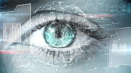Digital interface with data processing against close up view of human eye