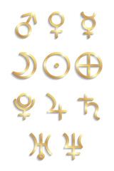 set of golden shiny planets signs for astrology or horoscopes.