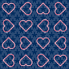 Wall Mural - Abstract seamless vector pattern with striped heart outlines with small white stars on blue background. 4th July abstract geometric pattern inspired by USA flag colours and symbols.