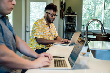 Wall Mural - gay couple working together at kitchen counter on laptop computers