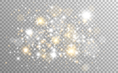 Poster - Gold and silver glitter on transparent background. White magic lights and stardust. Golden particles with stars. Luxury light effect. Festive silver shine. Vector illustration