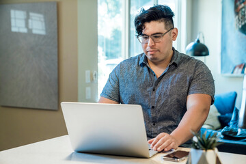 Wall Mural - man working from home on laptop computer sitting at kitchen counter