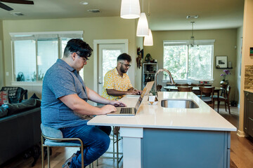 Wall Mural - gay couple working from home on laptop computers sitting at kitchen counter