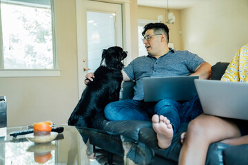 Wall Mural - happy man working from home with laptops on couch and petting with his dog