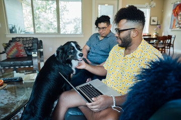 Wall Mural - happy gay couple working from home with laptops on couch with their australian shepherd