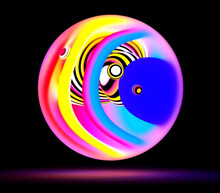 3d Render With Abstract Art Of Surreal Glass 3d Ball Or Sphere With Organic Curve Round Wavy Object Inside With Neon Glowing Effect In Blue Pink Purple Yellow Color On Isolated Black Background