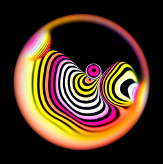 Wall Mural - 3d render with abstract art of surreal glass 3d ball or sphere with organic curve round wavy object inside with neon glowing parallel curve wavy lines on surface in yellow and pink gradient color 