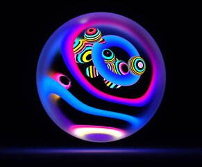 Wall Mural - 3d render with abstract art of surreal glass 3d ball or sphere with organic curve round wavy object inside with neon glowing effect in blue purple green and white color on isolated black background