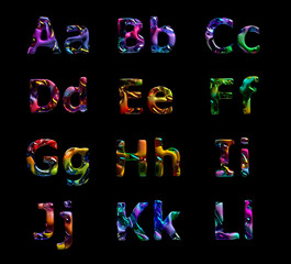 3d render abstract art of surreal liquid alphabet letters small lowercase and big uppercase set based on organic curve wavy  bio forms in matte metal with glossy glass parts in rainbow gradient color