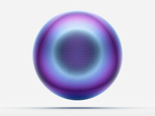 3d Render Of Abstract Art With Surreal 3d Ball Or Sphere With Small Circles Fractal Pattern On Surface In Neon Glowing Purple And Blue Gradient Color In Matte Aluminum Material On Isolated White Back