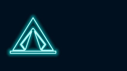 Poster - Glowing neon line Tourist tent icon isolated on black background. Camping symbol. 4K Video motion graphic animation