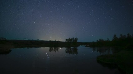 Wall Mural - deep starry night aurora glow calm water mirror reflection thingvellir iceland