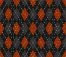 Knitted Argyle Halloween Pattern. Wool Knitinng. Scottish Plaid In Orange, Black And Grey Rhombuses. Traditional  Scottish Background Of Diamonds . Seamless Fabric Texture. Vector Illustration