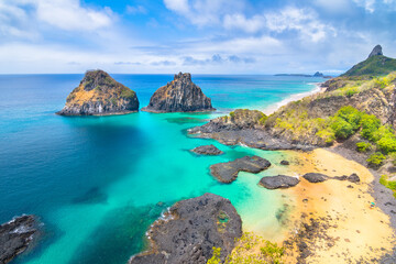 Beautiful view of Pigs Bay (Baia dos Porcos) and Two Brothers Hill (Morro Dois Irmãos) in Fernando de Noronha Island - Brazil