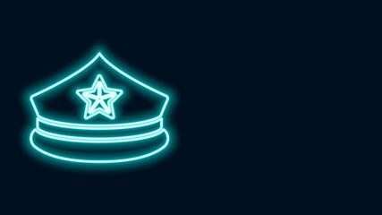 Sticker - Glowing neon line Police cap with cockade icon isolated on black background. Police hat sign. 4K Video motion graphic animation