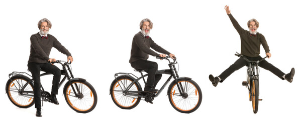 Poster - Sporty mature man riding bicycle against white background