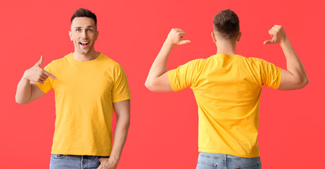 Man in stylish t-shirt on color background