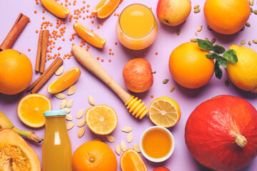Wall Mural - Fresh products on color background. Diet concept
