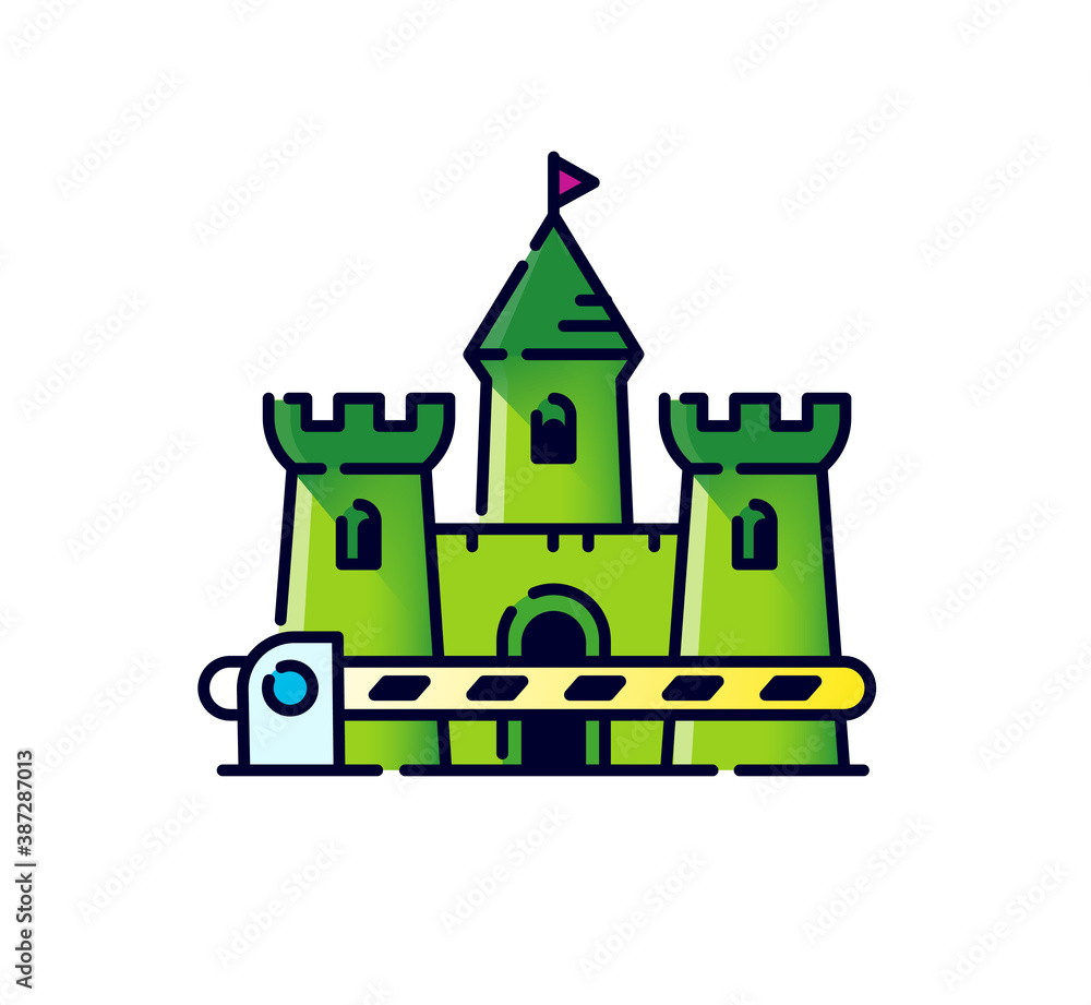 Medieval Exit Button Medieval castle with a gate. No entry and exit icon. Allegory and ...