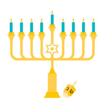 Hanukkah, The Jewish Festival Of Lights, Festive Background With Menorah And Golden Lights. Golden, Beige And Turquose Colors. Vector Illustration