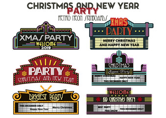 Christmas and New Year Party Emblems, Winter Holiday Party Retro Cinema Signboards Style 