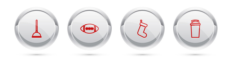 Sticker - Set line Rubber plunger, American Football ball, Christmas sock and Fitness shaker. Silver circle button. Vector.