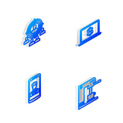 Sticker - Set Isometric line Laptop with dollar, Marketing target strategy, Smartphone contact and Coffee machine and cup icon. Vector.