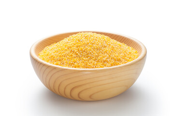 Wall Mural - Corn grits in a wooden bowl isolated on white background.