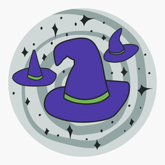 Hand drawn doodle witch hat on the hypnotic grey circle background with black stars. For web, postcard and design