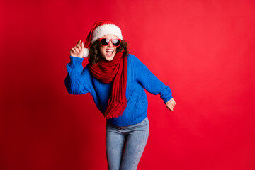 Poster - Portrait of her she nice attractive pretty cool glad cheerful cheery funky girl wearing casual outfit dancing celebrating having fun rest chill isolated bright vivid shine vibrant red color background