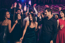 Photo Portrait Of Excited People Dancing Together At Fancy Nightclub Feeling Good Screaming Laughing