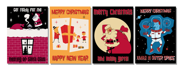 Merry Christmas Greeting Cards Funny Characters - Santa and Children, Winter Season Holiday Illustrations 