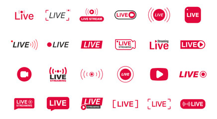 Leinwandbilder - Large set of Red live streaming icons. Live stream, broadcast. Live video streaming. Social media live badge. Online webinar, Broadcasting. Template for tv, shows, movies and live performances