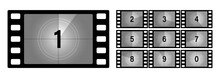 Movie Countdown Numbers Set. The Start Of The Old Film. Retro Cinema Movie Timer Count. Old Film Of Countdown Frame. Vintage Silent Film Screen With Circle Sections Timer On Grunge Film Background
