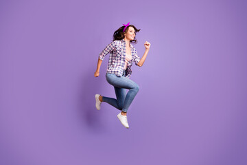 Canvas Print - Profile photo portrait of cute pretty brown hair woman wear vintage checkered shirt jumping high isolated violet color background