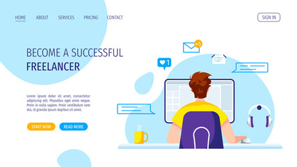 Web page design with man working with laptop at the table. Freelance, work at home, online job, office, workplace, e-learning concept. Vector illustration for poster, banner, website.