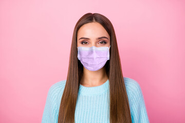 Canvas Print - Photo of pretty lady long perfect groomed hairstyle wear mask knitted blue pullover isolated pastel pink color background