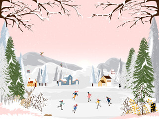 Wall Mural - Winter landscape at night with people having fun doing outdoor activities on new year,Vector city landscape on Christmas holidays with people celebration, kid playing ice skates, teenagers skiing