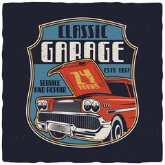 Wall Mural - T-shirt or poster design with illustration of classic car